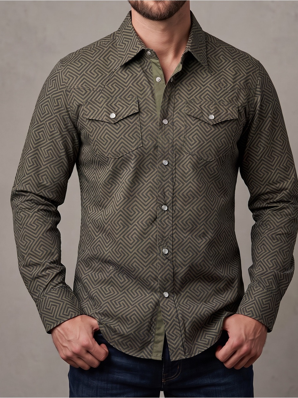 NWT Platini Men's Olive Green Geometric Maze Western Snap Button Shirt Size M